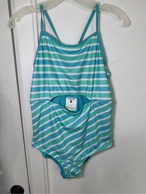 Hurley Girls Aqua Striped Midriff Cutout One Piece Swimsuit EUC Size 14/16